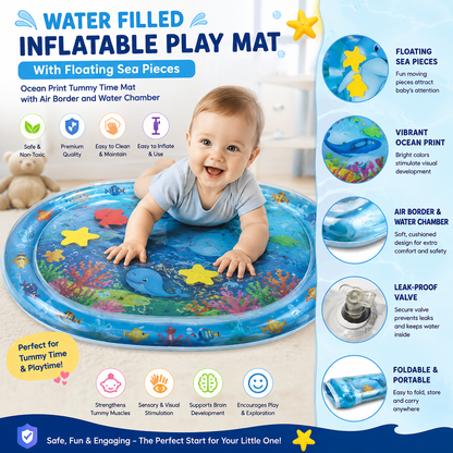 Water Filled Inflatable Play Mat with Floating Sea Pieces, Ocean Print Tummy Time Mat with Air Border and Water Chamber