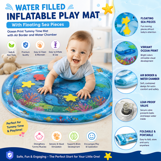 Water Filled Inflatable Play Mat with Floating Sea Pieces, Ocean Print Tummy Time Mat with Air Border and Water Chamber