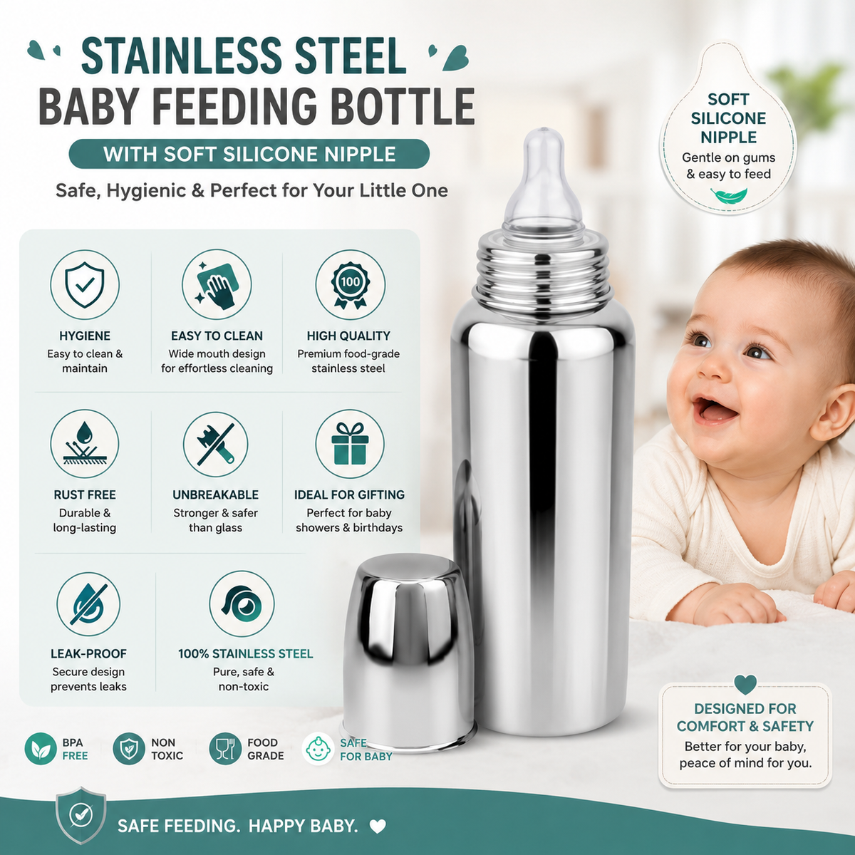 Baby Feeding Bottle Stainless Steel with Silicone Nipple