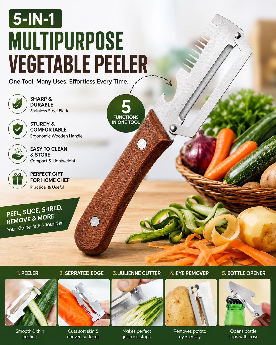 5-in-1 Multipurpose Vegetable Peeler - Peel, Slice, Julienne & More with Ease