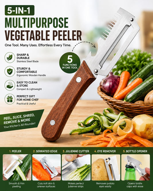 5-in-1 Multipurpose Vegetable Peeler - Peel, Slice, Julienne & More with Ease