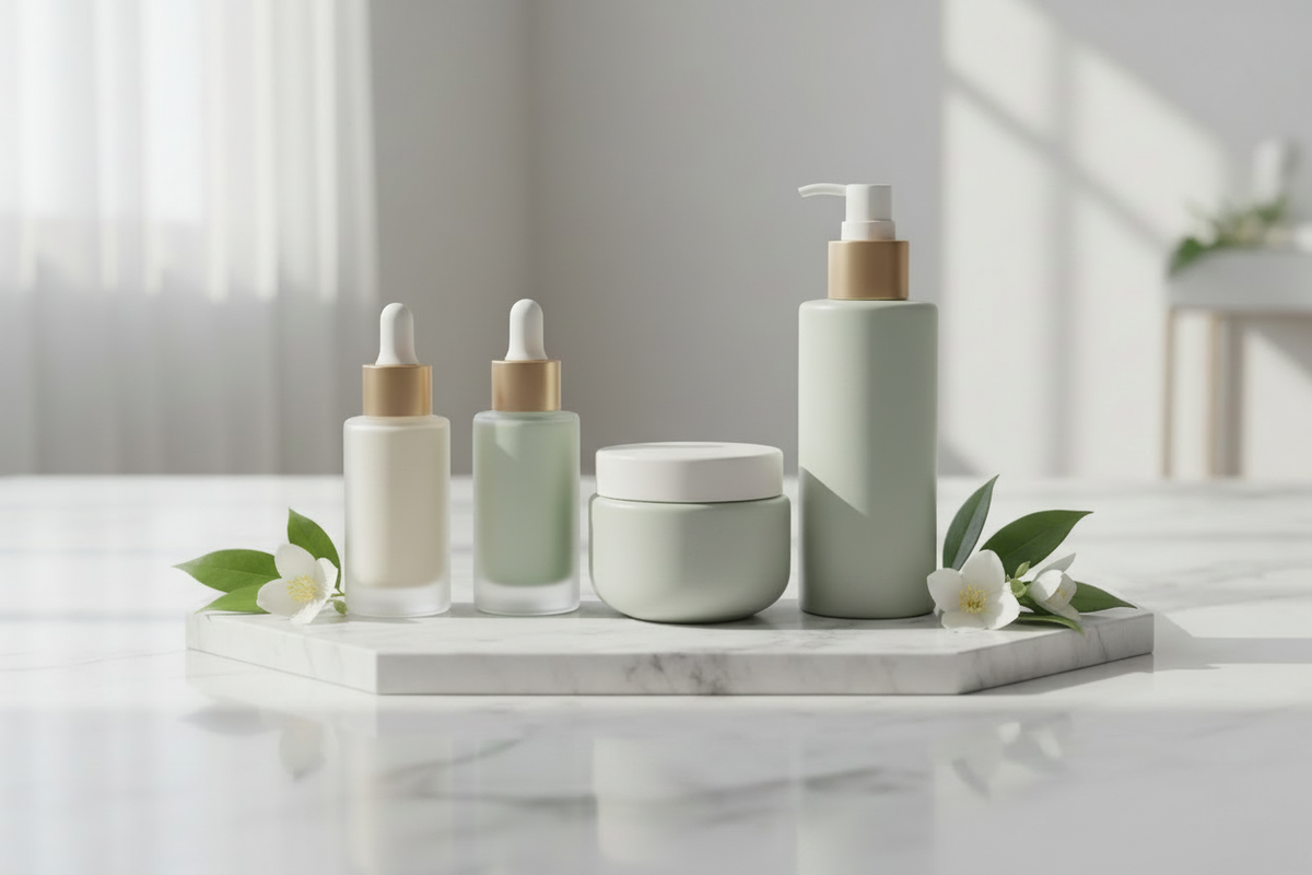 Clean skincare flatlay no labels
