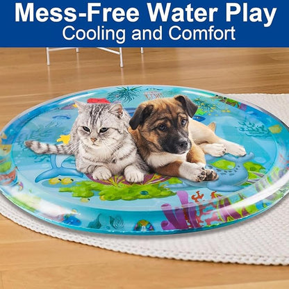 Water Filled Inflatable Play Mat with Floating Sea Pieces, Ocean Print Tummy Time Mat with Air Border and Water Chamber