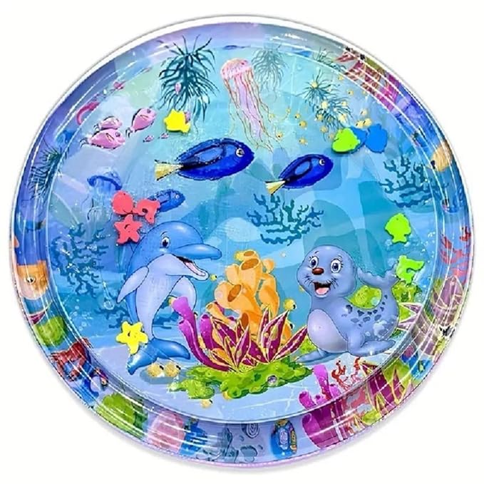 Water Filled Inflatable Play Mat with Floating Sea Pieces, Ocean Print Tummy Time Mat with Air Border and Water Chamber